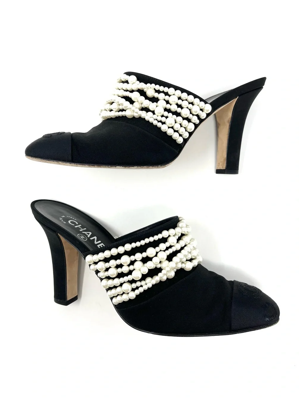 Chanel CC Logo Cap Toe Black Satin With White Pearl Pearls Mules Heels Slides 39